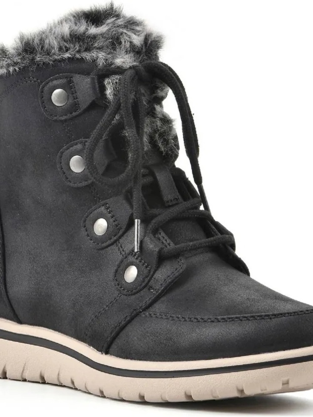 Cliffs by WHITE MOUNTAIN Black Faux-Fur Trim Lace-Up Ankle Bootie with Side Zip